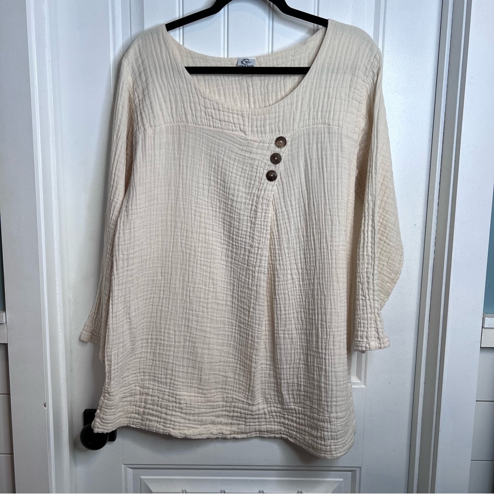 Unique Batik Cream Organic Cotton Gauze‎ Lagenlook Tunic Top. Size Large.